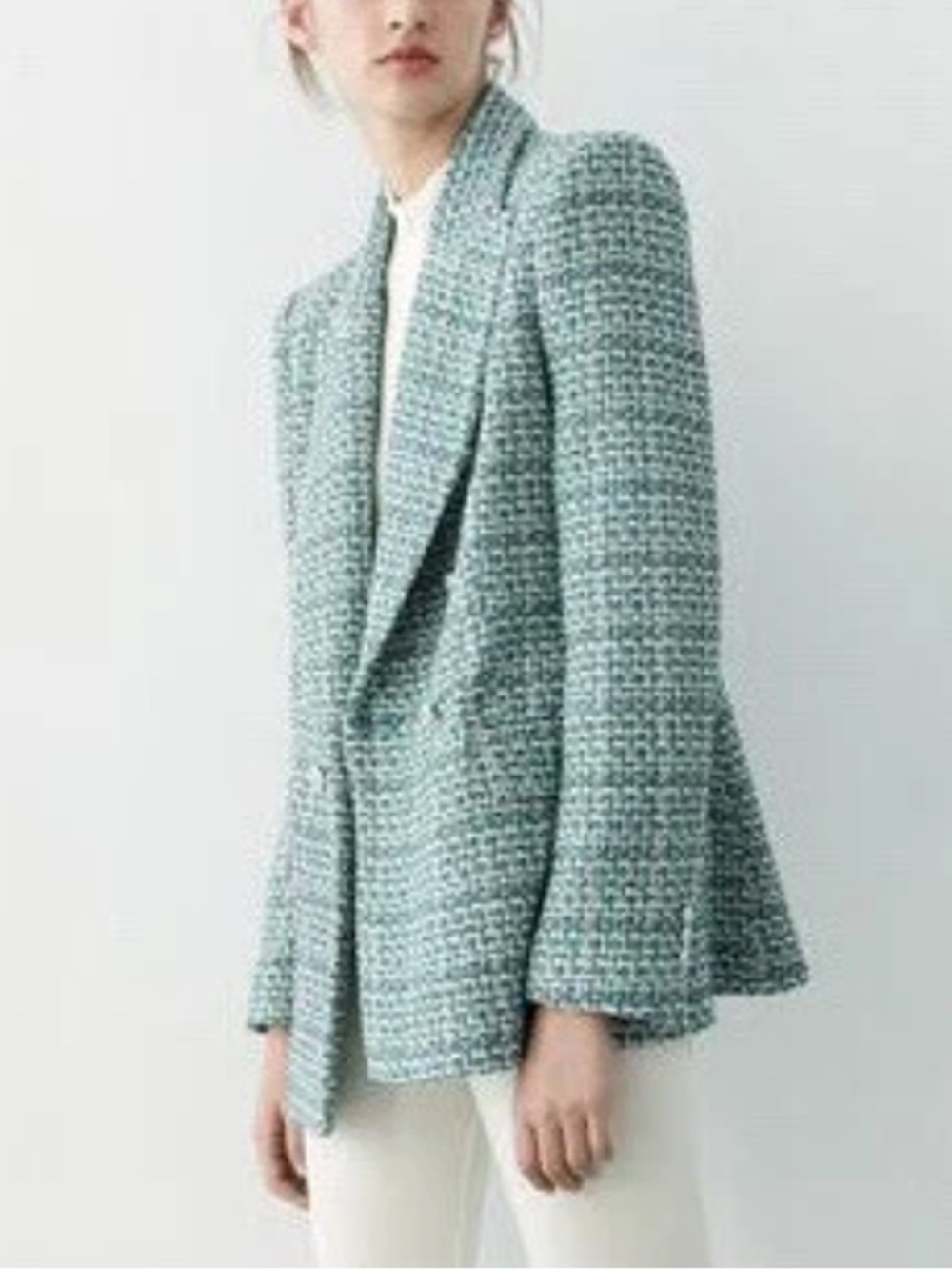 Zara Tweed Textured Double Breasted Blazer ! Size S Blue/Green - Picture 6 of 6